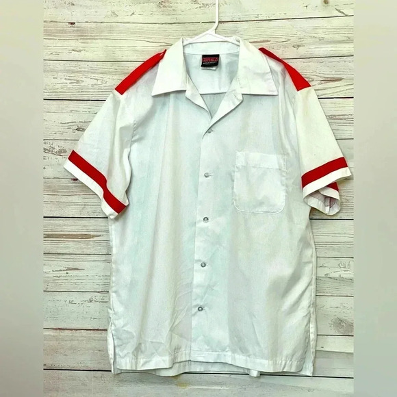 Vintage Mens Nautical Short Sleeve Button Up Shirt VTG Salior White Red Striped - Picture 8 of 10